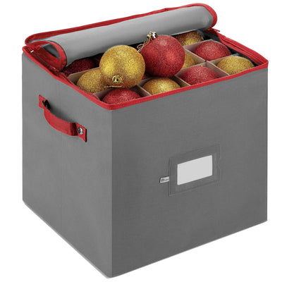 ZOBER gray non-woven fabric Christmas ornament storage box with 64 compartments and dual zipper closure