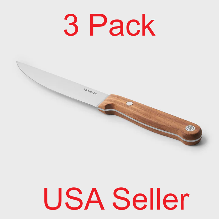 Tumbler 5.5 inch utility knife with straight German steel blade and brown walnut wood handle on white background