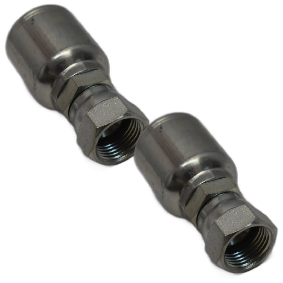 Two HK2-08 steel hydraulic hose crimp fittings sized 1/2 inch by 1/2 inch replacement couplers shown on white background