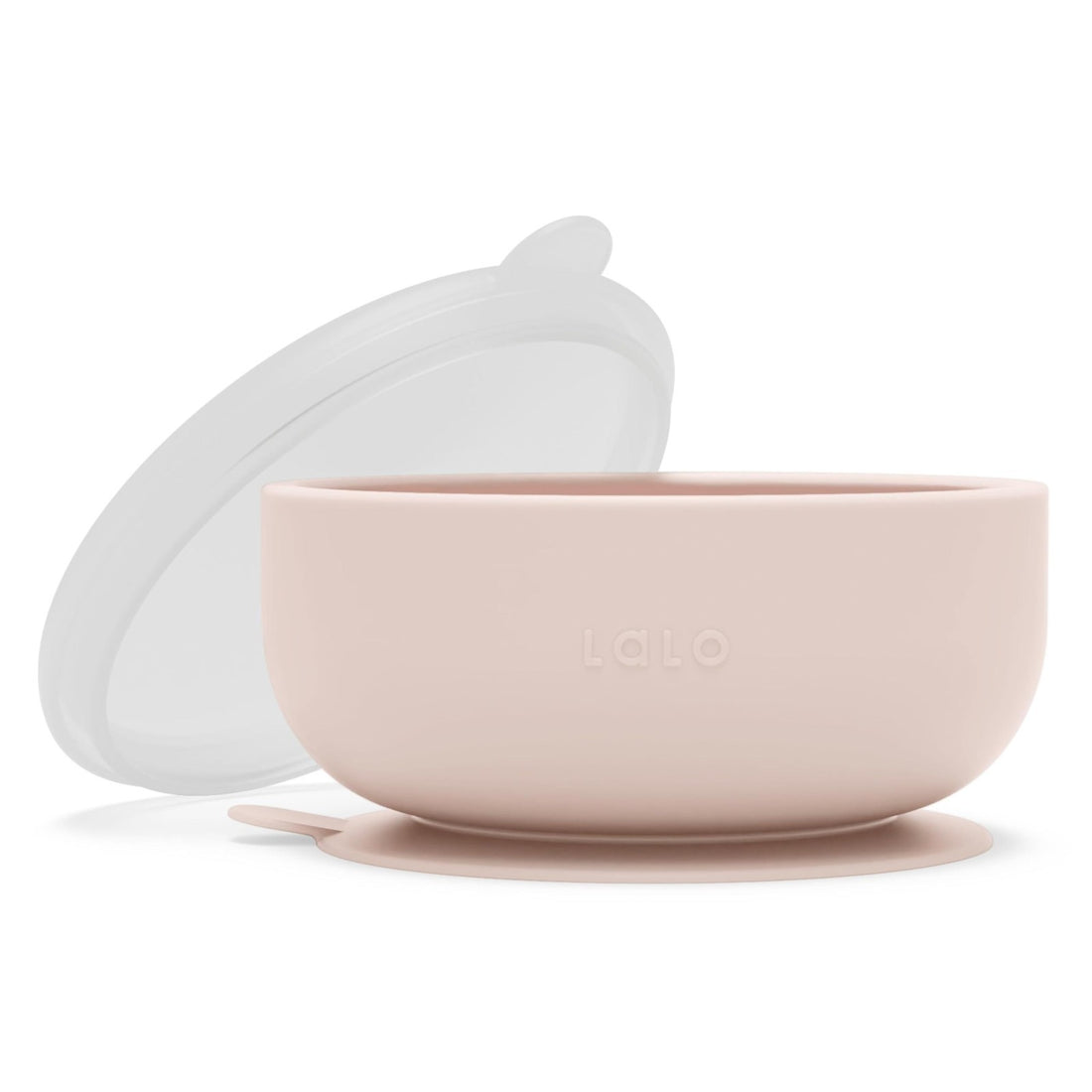 Lalo grapefruit pink silicone suction baby bowl with fitted lid on white surface, shown from front angle