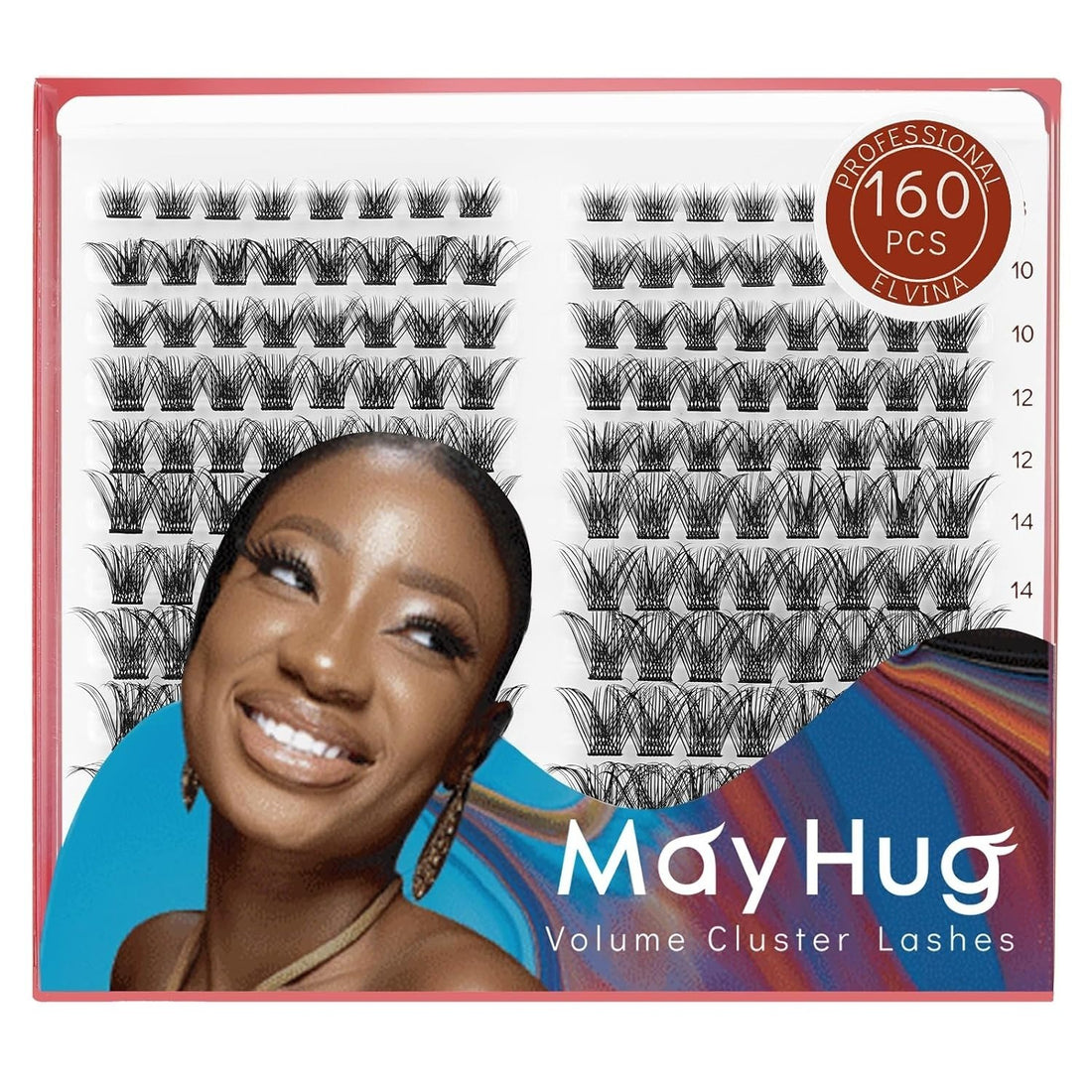 Mayhug 160-piece D curl individual lash clusters in 8 to 18mm lengths displayed in packaging tray, black DIY eyelash extensions