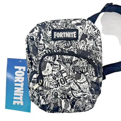 Fortnite mini backpack with black and white all-over character graphic print and front zip pocket for kids