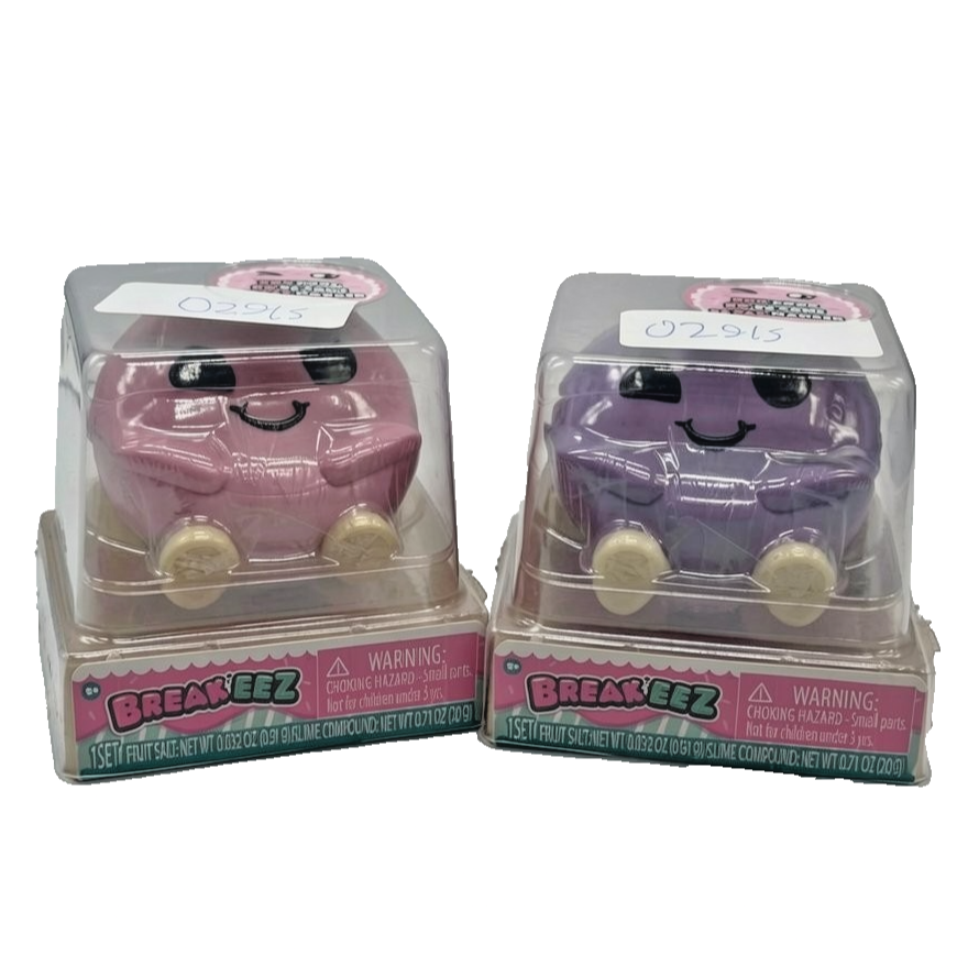 BreakEez 2-pack purple and pink collectible figure containers filled with fruit salt and slime compound sensory toy set