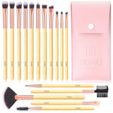 DUAIU 16-piece pink eyeshadow brush set with bamboo handles and button-closure travel bag on white background