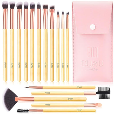 DUAIU 16-piece pink eyeshadow brush set with bamboo handles and button-closure travel bag on white background
