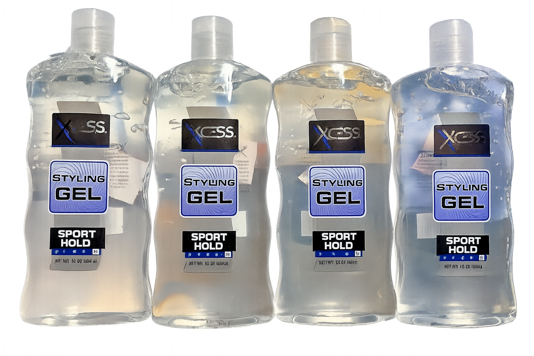 Four 16oz bottles of Xcess Sport Hold 10 clear alcohol-free styling gel shown together, 64oz total bundle