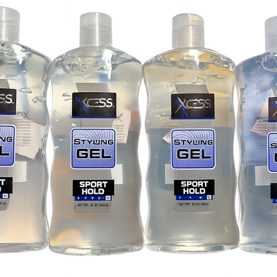 Four 16oz bottles of Xcess Sport Hold 10 clear alcohol-free styling gel shown together, 64oz total bundle