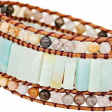 WIRJIJI multilayer natural amazonite green crystal bead bracelet with magnetic sunflower clasp on cowhide rope - view 3