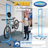 GOEHNER's green steel freestanding 4-bike storage rack with rubber-coated hooks standing upright in a garage - view 2