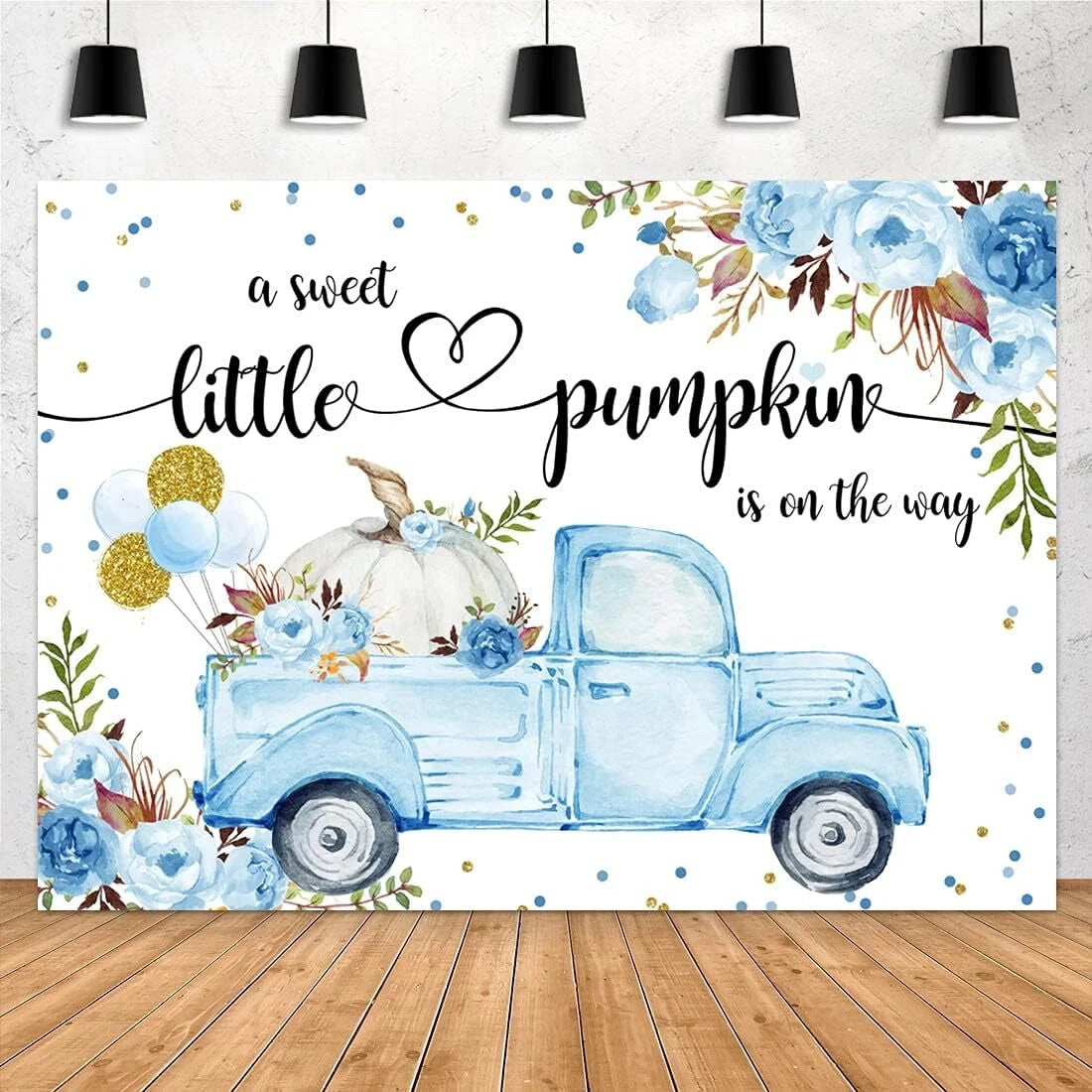 Aperturee 7x5 ft blue fall pumpkin vinyl photography backdrop for It's a Boy baby shower party banner