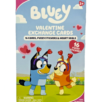 Bluey Valentine's Day exchange card set with 16 cards, 16 fuzzy stickers, and 48 heart-shaped seals for kids