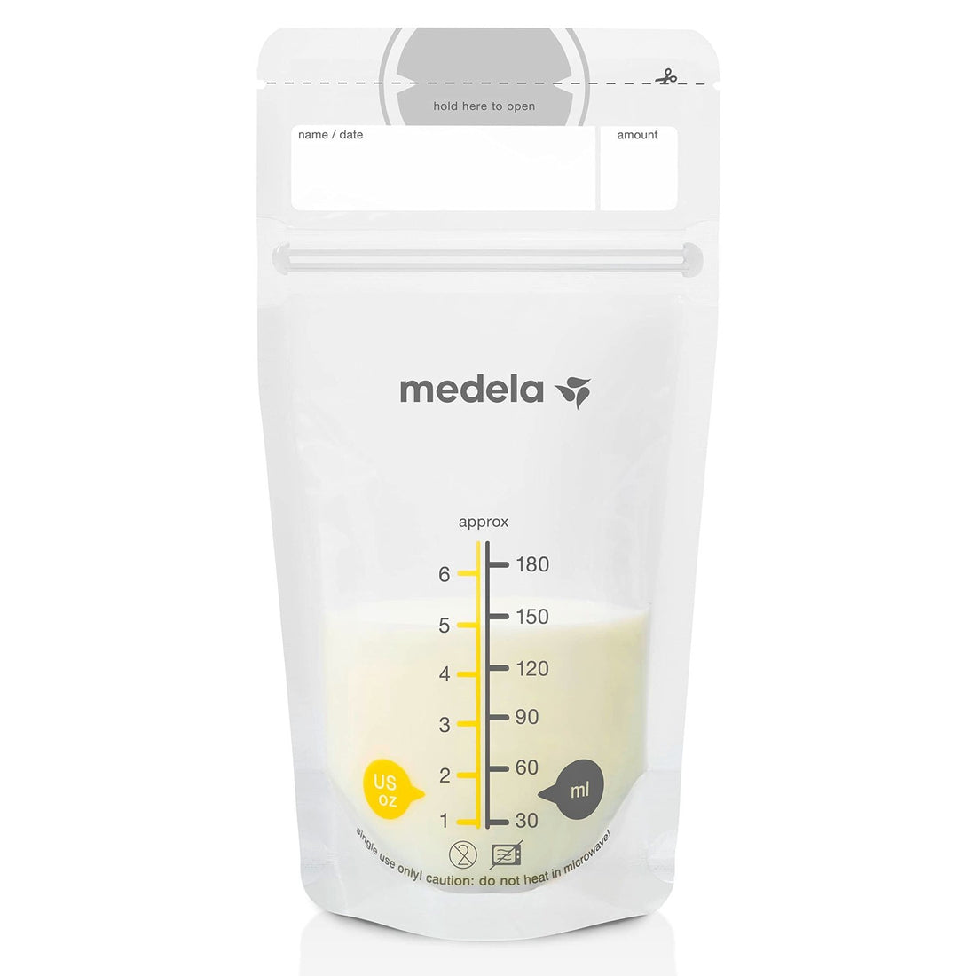 Medela 100-count 6oz breast milk storage bags in clear BPA-free packaging, self-standing with double-zipper seal