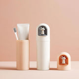 Beige portable plastic travel toothbrush case with sealing lid that doubles as a mouthwash cup, compact size - view 3