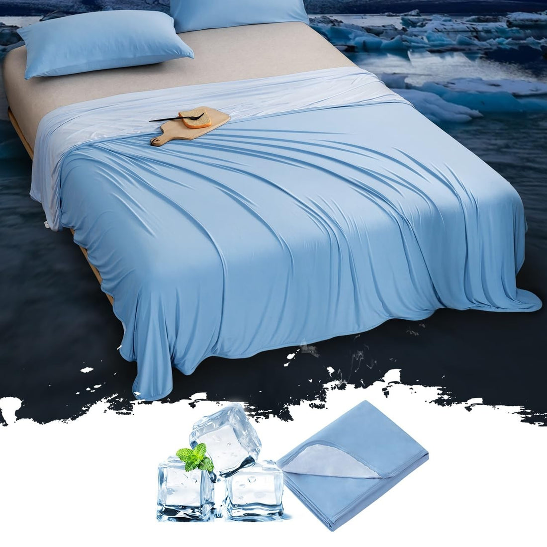 Blue QUILTINA queen-size double-sided cooling blanket folded flat showing Arc-Chill fiber texture, 79x86 inches