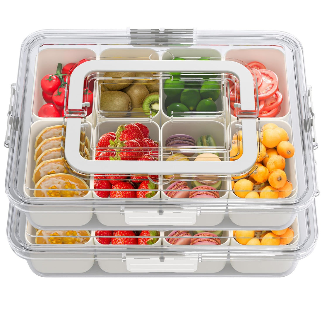Two clear plastic 8-compartment snackle box containers with clip-on lids and carry handles, 11.8 inch square snack trays