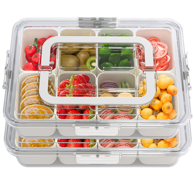 Two clear plastic 8-compartment snackle box containers with clip-on lids and carry handles, 11.8 inch square snack trays