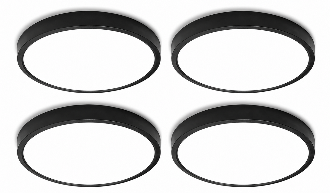 Four HOVENLA black 7-inch LED flush mount ceiling lights 18W 6500K shown individually and installed on ceiling