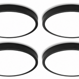 Four HOVENLA black 7-inch LED flush mount ceiling lights 18W 6500K shown individually and installed on ceiling