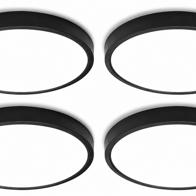 Four HOVENLA black 7-inch LED flush mount ceiling lights 18W 6500K shown individually and installed on ceiling