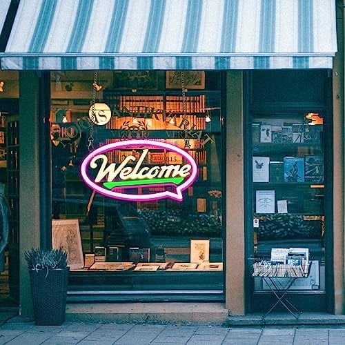 Motyeowe 16.9 inch LED neon-style welcome sign glowing white with adjustable brightness for bar or shop entrance
