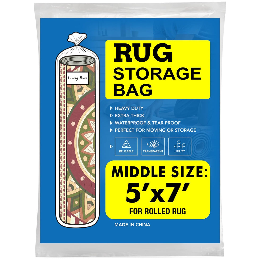 Clear white 18x80 inch heavy-duty PE plastic rug storage bag with zip tie closure for rolled 5x7 ft carpet