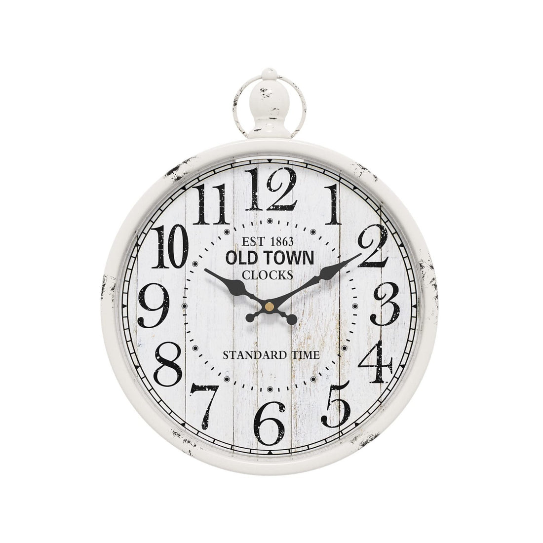 Round 11.8-inch antique white metal farmhouse wall clock with silent quartz movement and vintage dial face