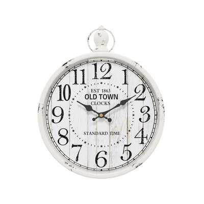 Round 11.8-inch antique white metal farmhouse wall clock with silent quartz movement and vintage dial face