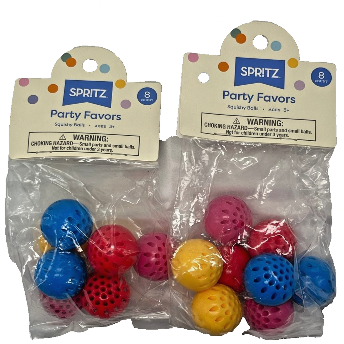 Set of 8 multicolor squishy sensory fidget balls by Spritz in sealed packaging for party favor goodie bags