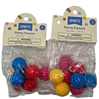 Set of 8 multicolor squishy sensory fidget balls by Spritz in sealed packaging for party favor goodie bags