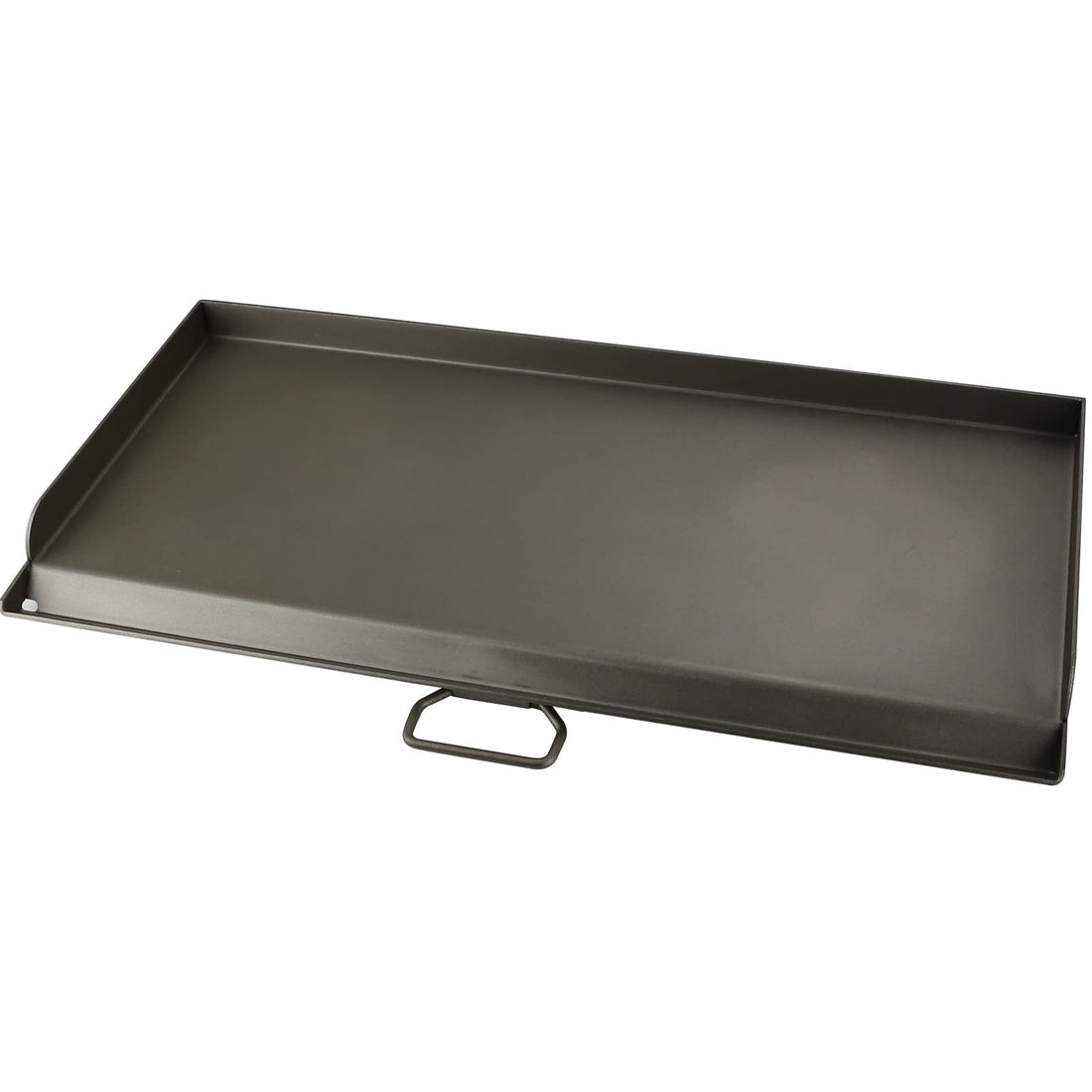 Black metal flat top griddle 14x32 inches with raised sides and grease drain groove for Camp Chef two-burner stove