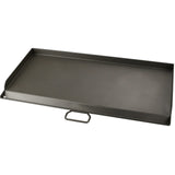 Black metal flat top griddle 14x32 inches with raised sides and grease drain groove for Camp Chef two-burner stove