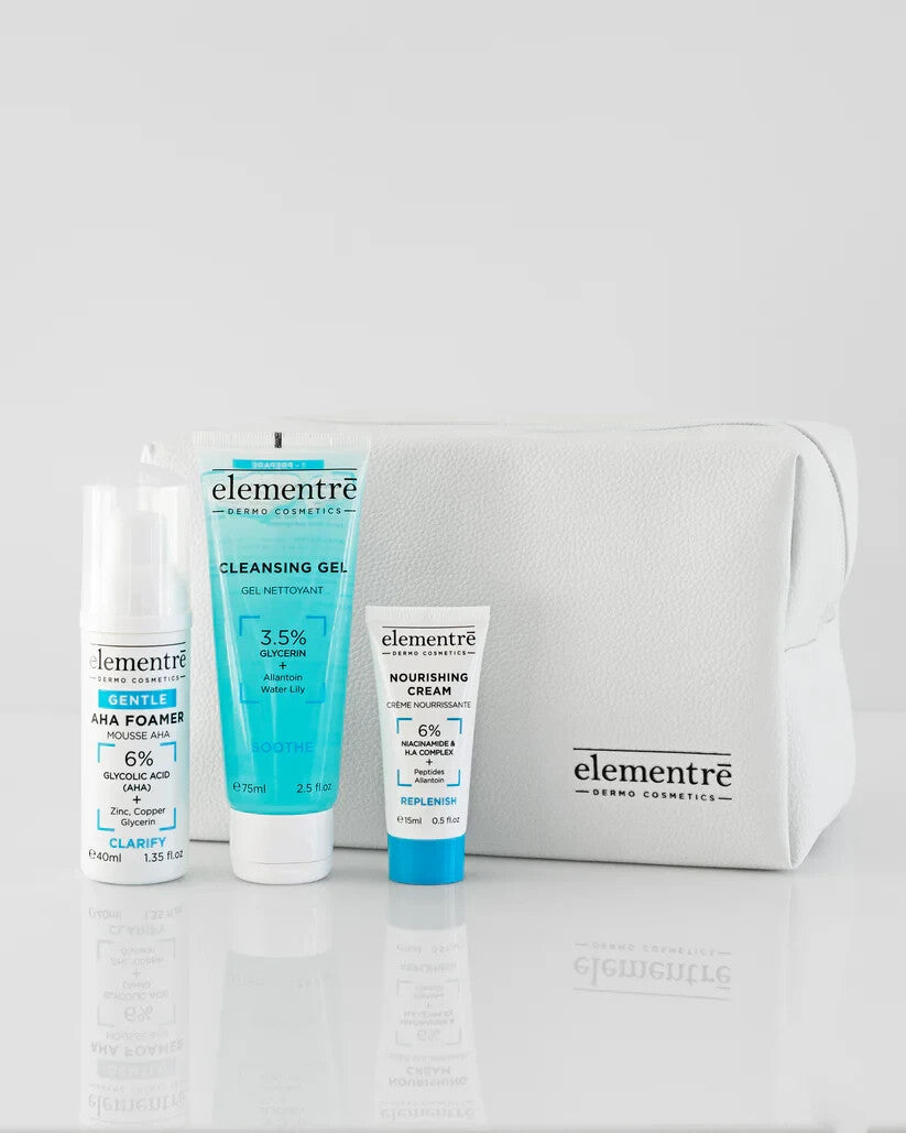 Elementre 3-piece travel skincare set with exfoliating foam, cleansing gel, and nourishing cream in a leather-style vanity case