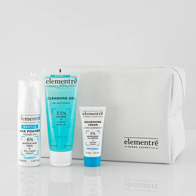 Elementre 3-piece travel skincare set with exfoliating foam, cleansing gel, and nourishing cream in a leather-style vanity case