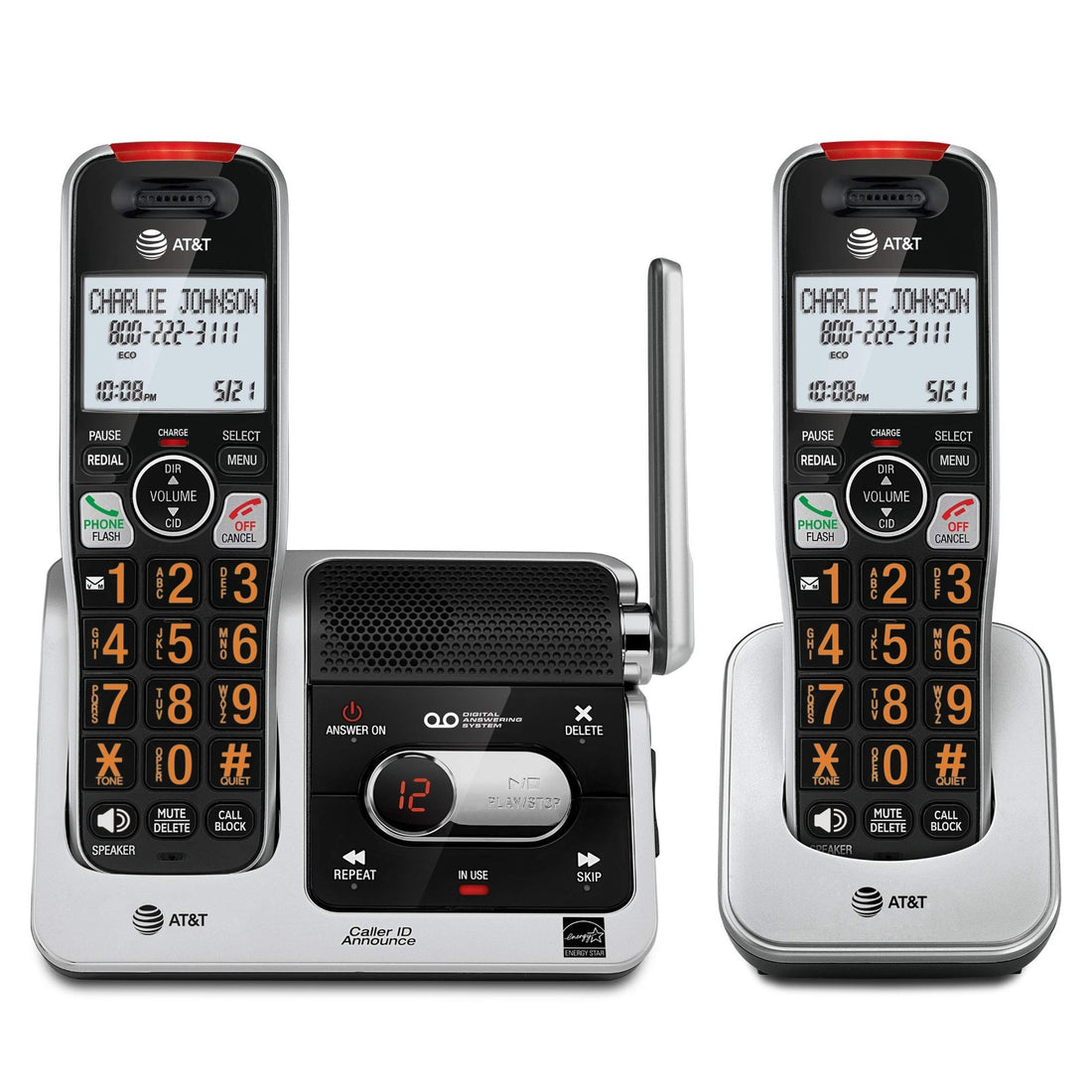 AT&T BL102-2 DECT 6.0 cordless phone system with 2 silver handsets, base unit, and chargers, open box