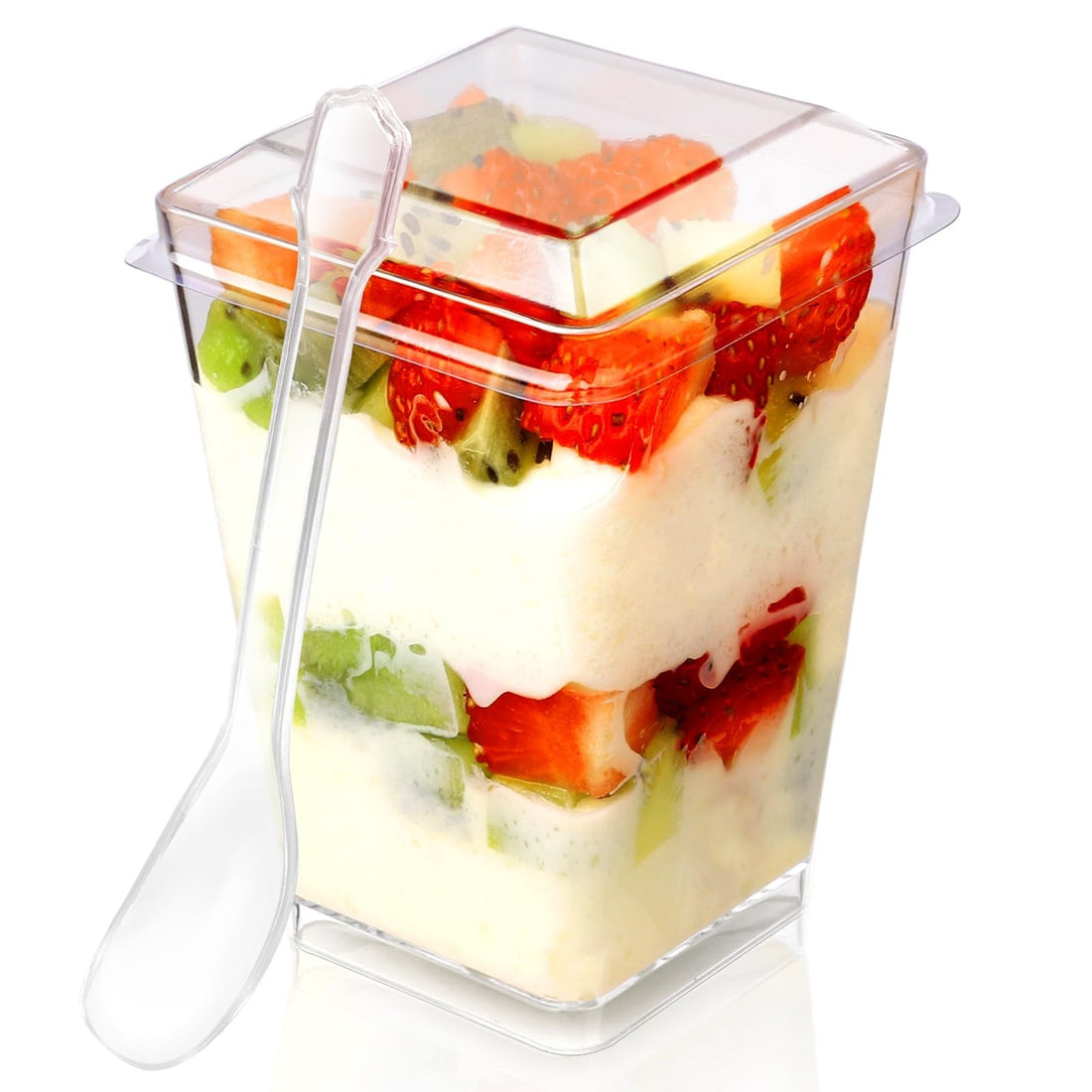 Clear 5 oz plastic dessert cups with snap-on lids and spoons arranged in a set of 20 for party parfait servings