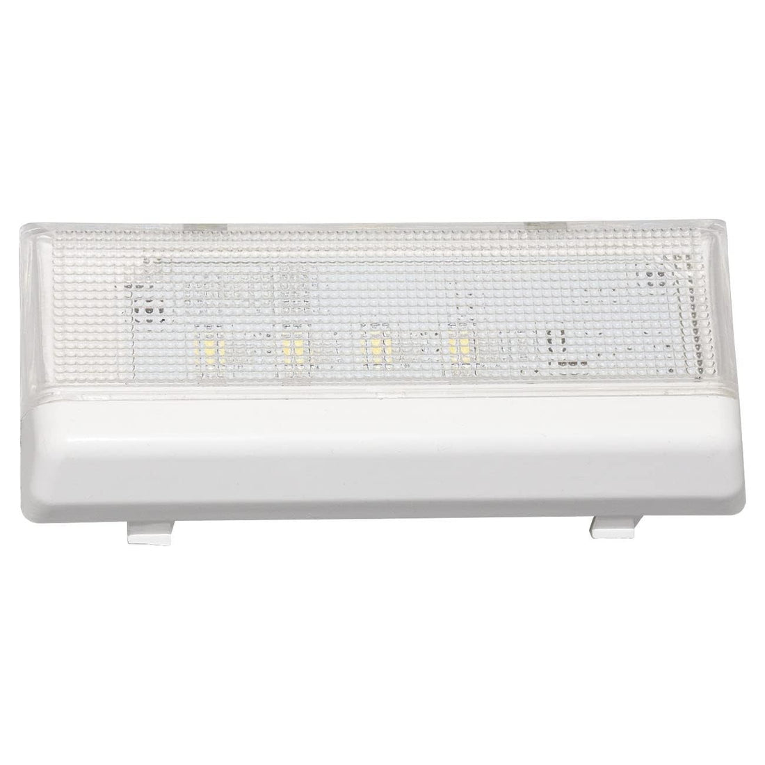 White LED freezer light module with tapered plastic lens cover, part number W10515057, compatible with Whirlpool bottom-freezer refrigerators