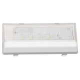 White LED freezer light module with tapered plastic lens cover, part number W10515057, compatible with Whirlpool bottom-freezer refrigerators