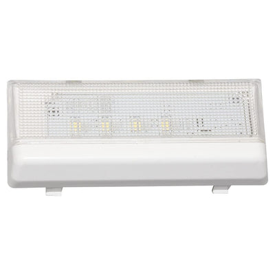 White LED freezer light module with tapered plastic lens cover, part number W10515057, compatible with Whirlpool bottom-freezer refrigerators