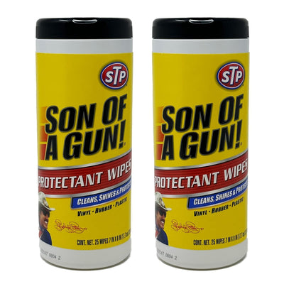 Two sealed 25-count STP Son of a Gun Protectant Wipes packs for car interior cleaning, 50 wipes total