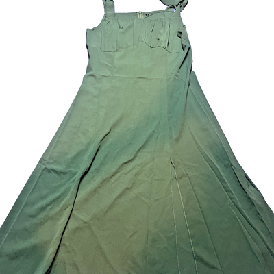 Green sleeveless knee-length A-line formal gown size large with tie shoulder straps and leg slit, back zipper closure