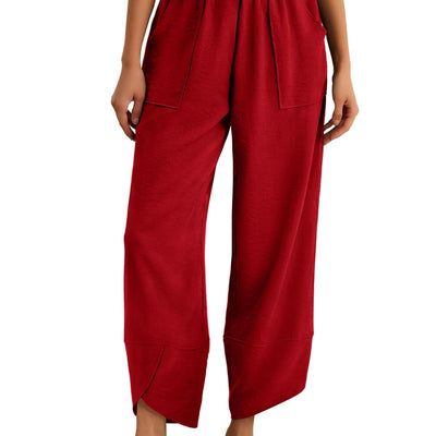 Feiersi light red wide leg palazzo harem pants with high-rise elastic waistband, flowing rayon fabric, women's size M