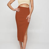 Chestnut ribbed sleeveless bodycon midi dress with square neckline, backless cutout detail, and side slit by Duigluw - view 2