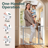 Cumbor gray auto-close baby gate installed in doorway, showing dual-lock mechanism and walk-through door with step pedal - view 7