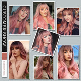 BOGSEA 24-inch long wavy ombre pink synthetic wig with bangs on a mannequin head, shown from front - view 8