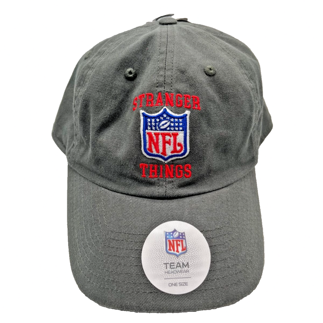 Washed charcoal grey unstructured dad hat with embroidered NFL shield logo and red Stranger Things text on front