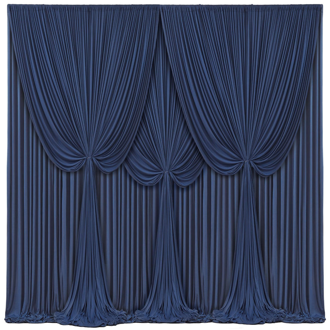 Four navy blue silky backdrop curtain panels 5x12 feet hung on a rod, showing smooth wrinkle-free drape for wedding or photo booth use
