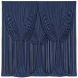 Four navy blue silky backdrop curtain panels 5x12 feet hung on a rod, showing smooth wrinkle-free drape for wedding or photo booth use