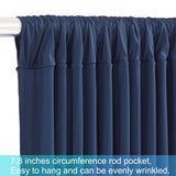 Four navy blue silky backdrop curtain panels 5x12 feet hung on a rod, showing smooth wrinkle-free drape for wedding or photo booth use - view 6