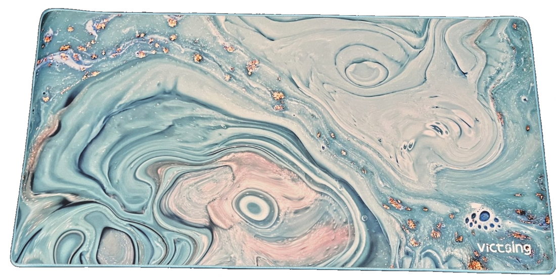 VicTsing XXL extended gaming mouse pad 31.5x15.7 inches with blue pink white marble swirl and rose gold speckle pattern