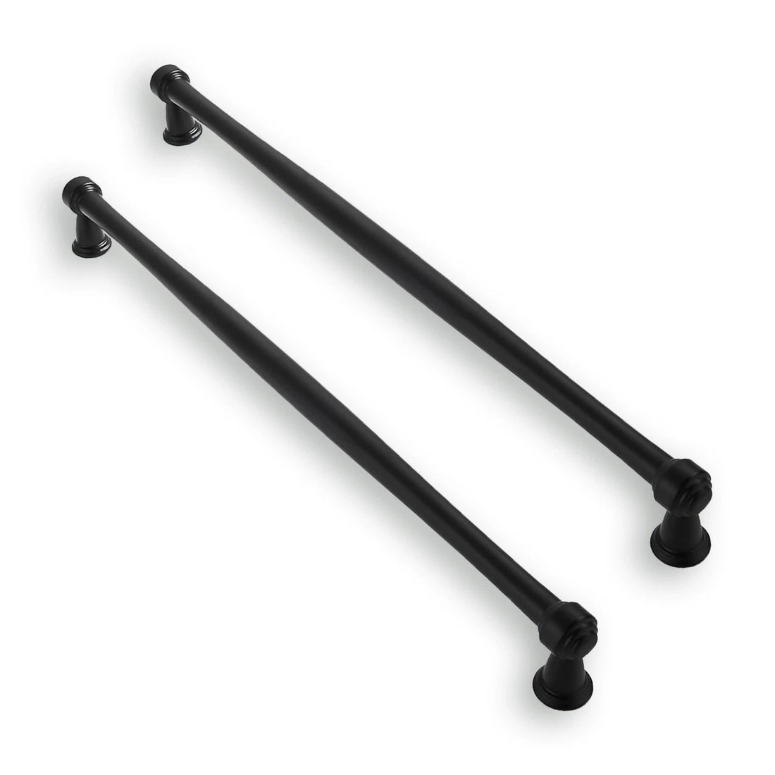Ten matte black zinc alloy bar cabinet pulls with 10-inch center-to-center spacing arranged on a white surface